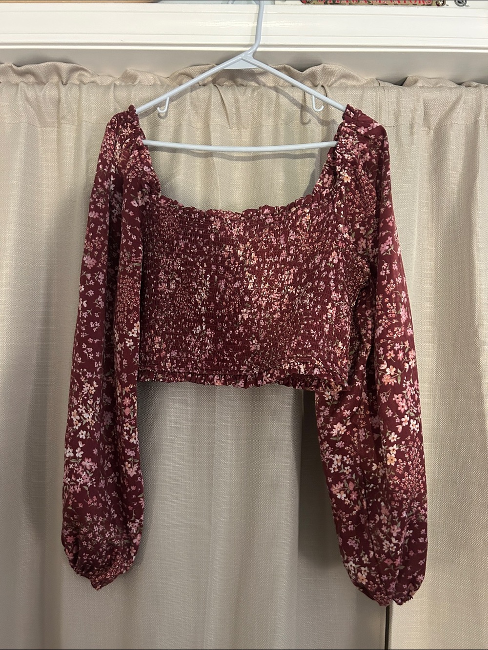 Altar'd State Burgundy Floral Smocked Off-Shoulder Crop Top